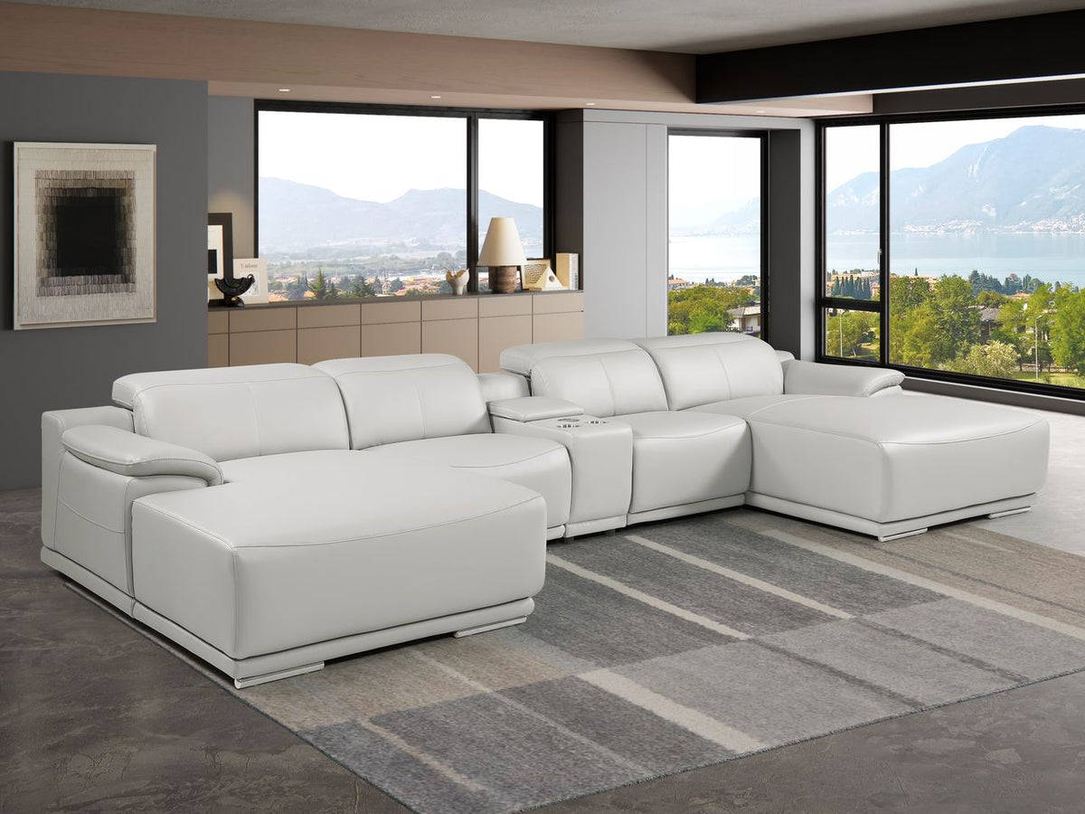 DivanItalia Light Grey Italian Leather 5-Piece Sectional Sofa with Double Chaise – 9762LG-5PC-2CH