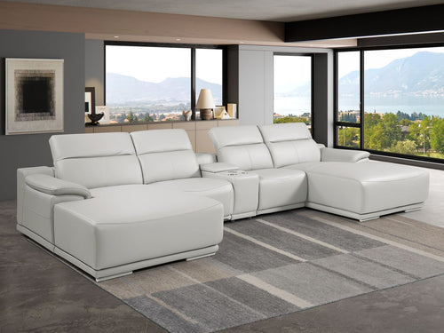 DivanItalia Light Grey Italian Leather 5-Piece Sectional Sofa with Double Chaise – 9762LG-5PC-2CH