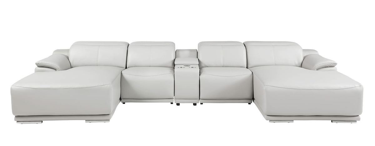DivanItalia Light Grey Italian Leather 5-Piece Sectional Sofa with Double Chaise – 9762LG-5PC-2CH
