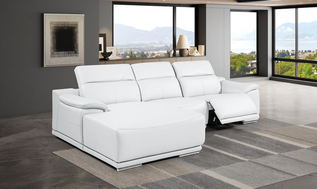 DivanItalia White Italian Leather 3-Piece Power Reclining Sectional with Chaise – 9762WH-3PC-CH