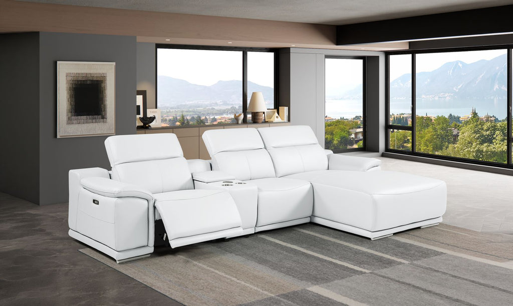 DivanItalia White Italian Leather 4-Piece Power Reclining Sectional with Chaise – 9762WH-4PC-CH