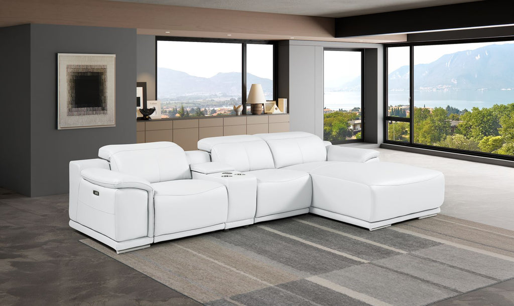 DivanItalia White Italian Leather 4-Piece Power Reclining Sectional with Chaise – 9762WH-4PC-CH