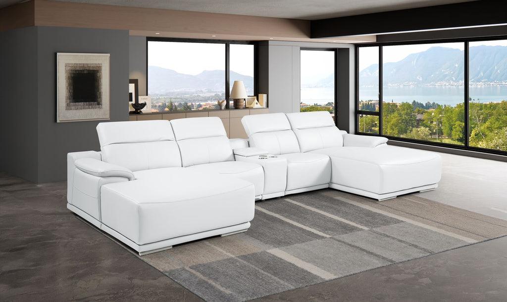 DivanItalia White Italian Leather 5-Piece Sectional Sofa with Double Chaise – 9762WH-5PC-2CH