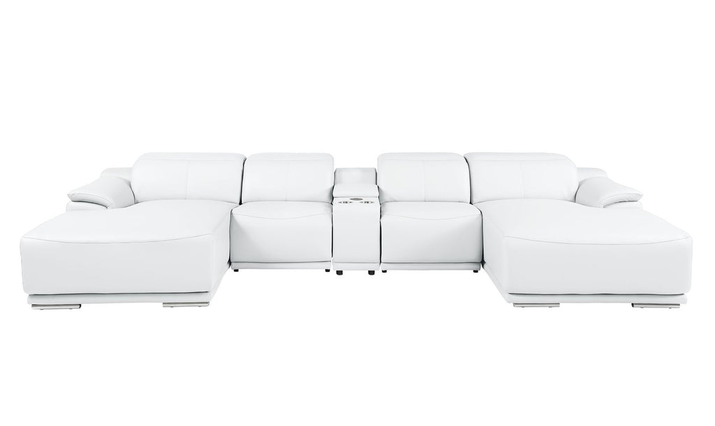 DivanItalia White Italian Leather 5-Piece Sectional Sofa with Double Chaise – 9762WH-5PC-2CH