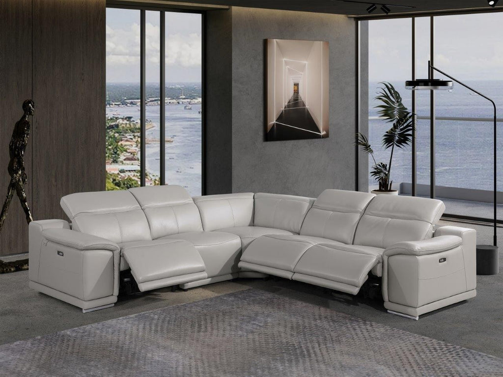 Global United 9762LG-5PC 5 pc DivanItalia light gray italian leather power reclining sectional sofa adjustable headrests