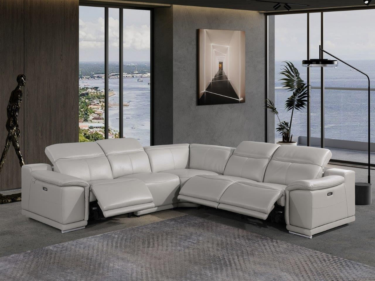 Global United 9762LG-5PC 5 pc DivanItalia light gray italian leather power reclining sectional sofa adjustable headrests