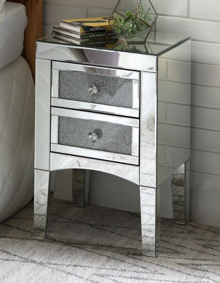 Acme 97651 Rosdorf park shelbyville glam noralie mirrored nightstand bed side end table plant stand with 2 drawers