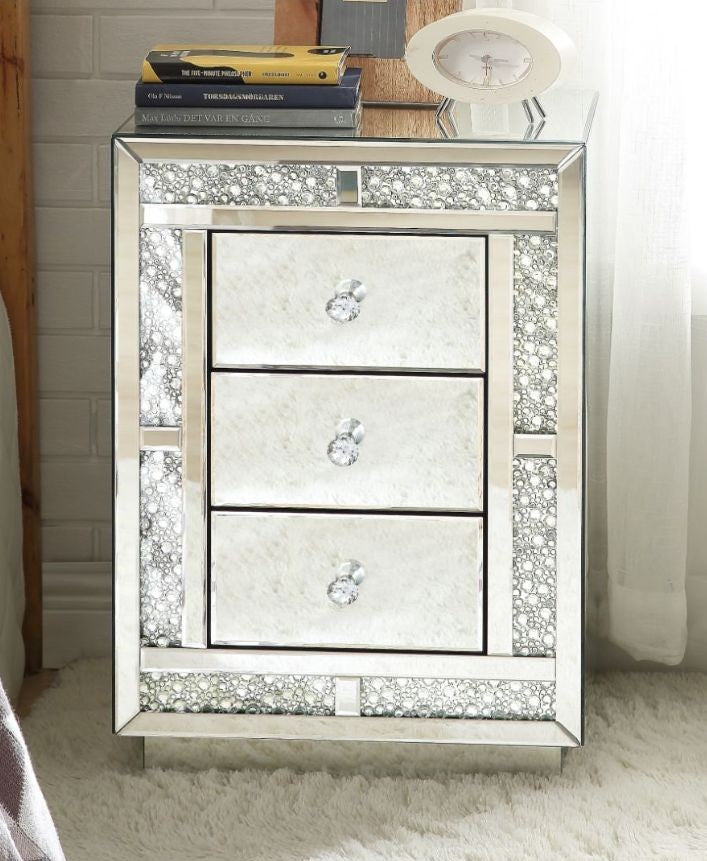 Acme 97653 Rosdorf park shelbyville glam noralie mirrored and faux crystals inlay nightstand bed side end table
