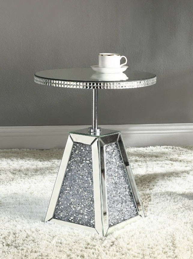 Acme 97702 Rosdorf park shelbyville glam noralie mirrored and faux diamonds inlay round top nightstand bed side end table
