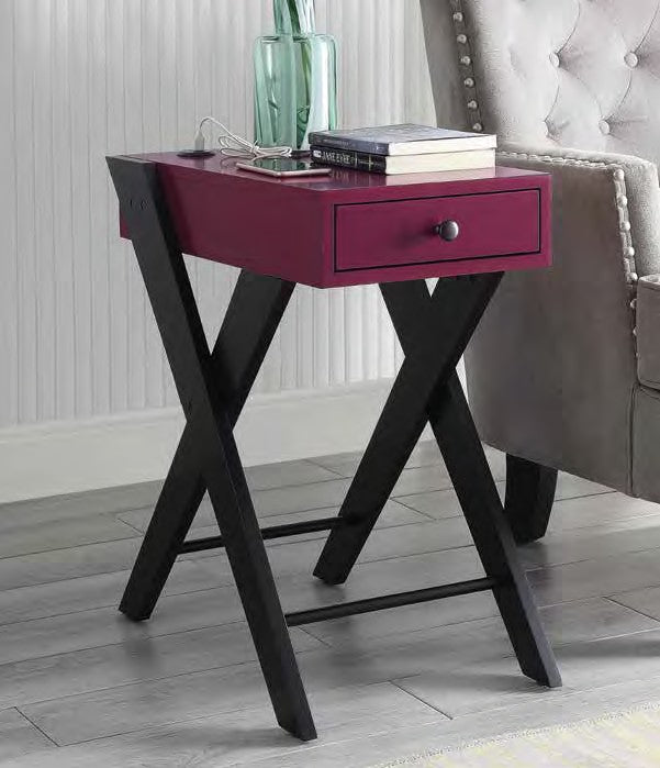 Acme 97737 Breakwater bay melchoir fierce burgundy and black finish wood chair side end table with USB power dock station