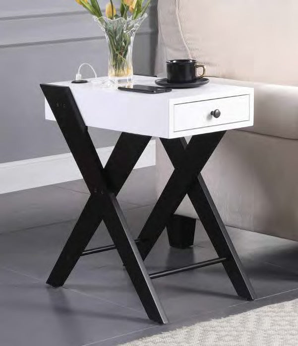 Acme 97738 Breakwater bay melchoir fierce white and black finish wood chair side end table with USB power dock station