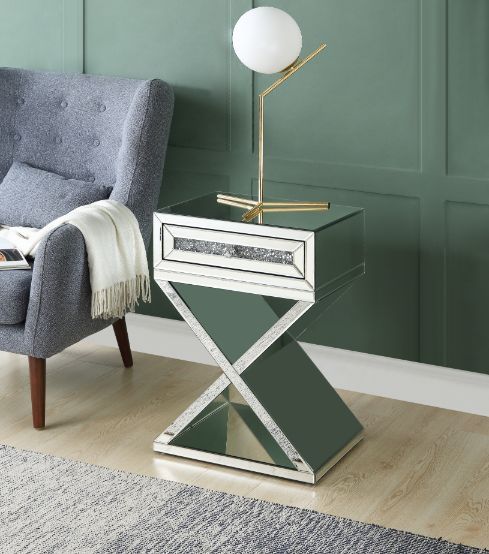 Acme 97932 Rosdorf park shelbyville glam noralie mirrored and faux diamonds inlay nightstand bed side end table