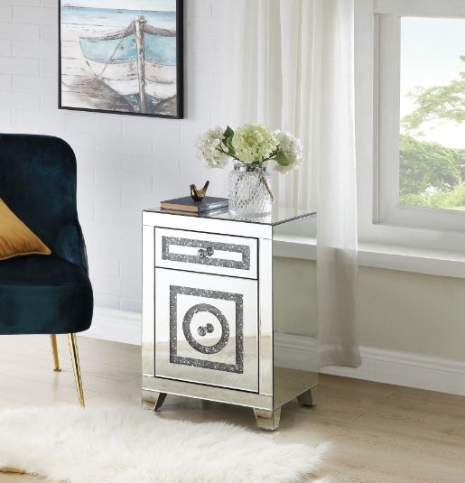 Acme 97934 Rosdorf park shelbyville glam noralie mirrored and faux diamonds inlay nightstand bed side end table