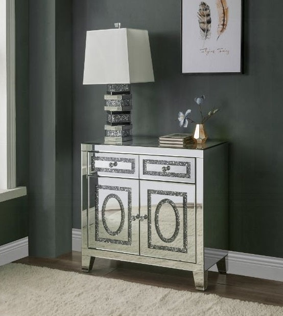 Acme 97952 Everly quinn albaugh noralie mirrored 32" console cabinet with faux diamond inlay with 2 drawers