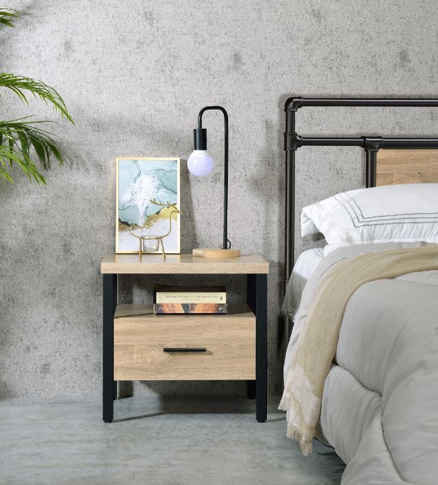 Acme 97970 Yawan rustic natural finish wood nightstand bed side end table black accents