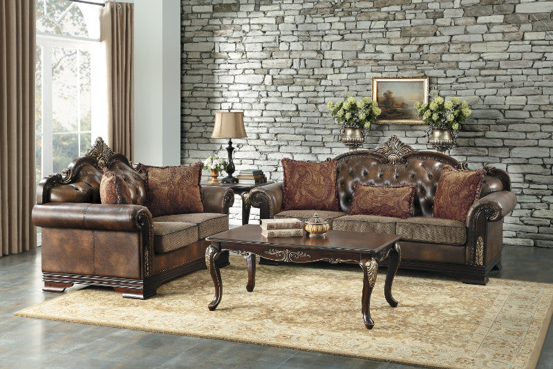 Homelegance 9815-SL 2 pc Croydon brown chenille fabric sofa and love seat set with wood trim