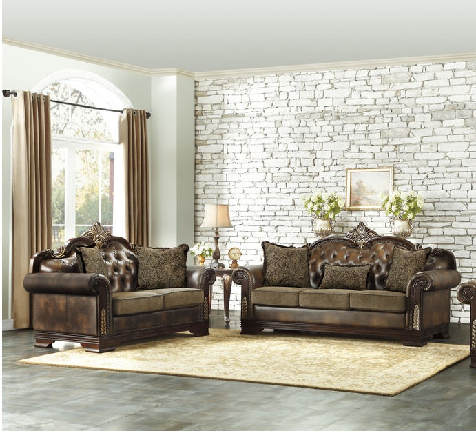 Homelegance 9815-SL 2 pc Croydon brown chenille fabric sofa and love seat set with wood trim