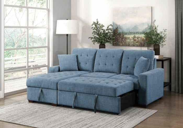 9816BU*2LCRL Waitsfield blue textured fabric sectional sofa with storage chaise and sleep area