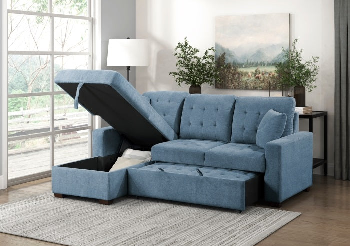 9816BU*2LCRL Waitsfield blue textured fabric sectional sofa with storage chaise and sleep area
