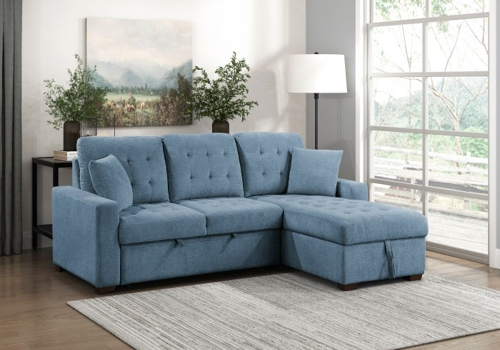 9816BU*2LLRC Waitsfield blue textured fabric sectional sofa with storage chaise and sleep area