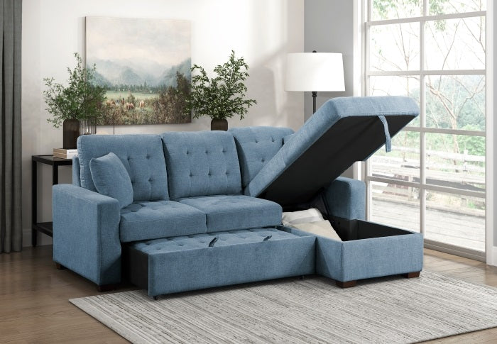 9816BU*2LLRC Waitsfield blue textured fabric sectional sofa with storage chaise and sleep area