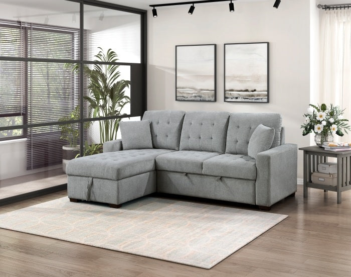 9816GY*2LCRL Waitsfield light grey textured fabric sectional sofa with storage chaise and sleep area