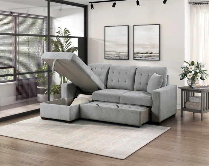 9816GY*2LCRL Waitsfield light grey textured fabric sectional sofa with storage chaise and sleep area