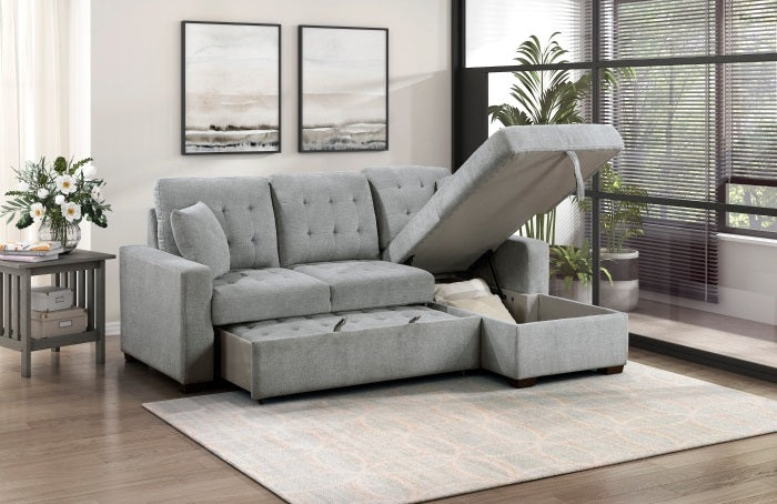 9816GY*2LLRC Waitsfield light grey textured fabric sectional sofa with storage chaise and sleep area