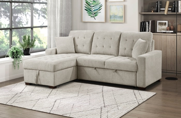 9816SN*2LCRL Waitsfield sand textured fabric sectional sofa with storage chaise and sleep area