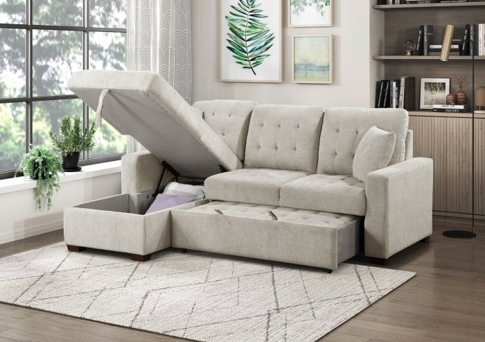9816SN*2LCRL Waitsfield sand textured fabric sectional sofa with storage chaise and sleep area