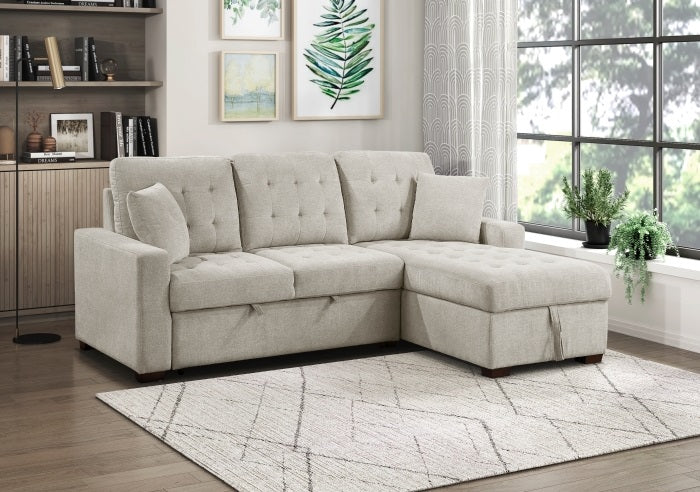 9816SN*2LLRC Waitsfield sand textured fabric sectional sofa with storage chaise and sleep area