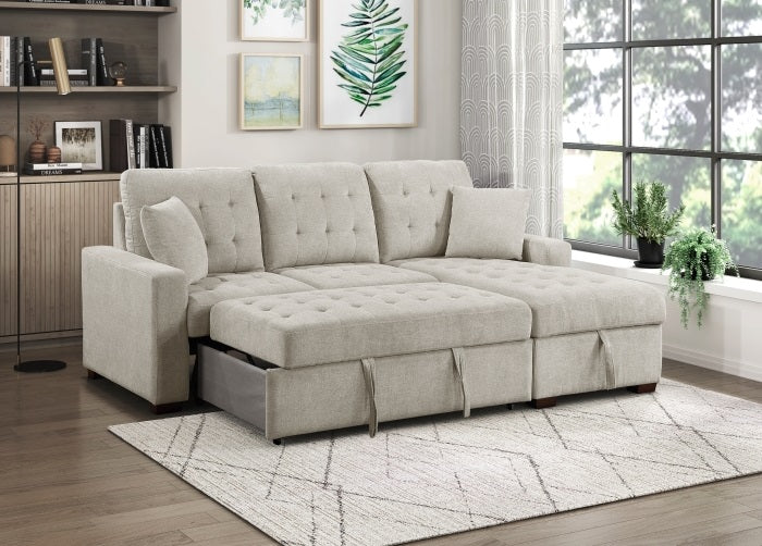 9816SN*2LLRC Waitsfield sand textured fabric sectional sofa with storage chaise and sleep area