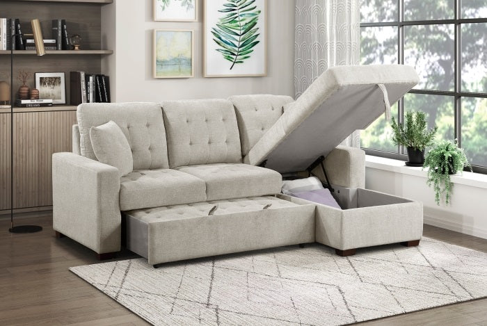 9816SN*2LLRC Waitsfield sand textured fabric sectional sofa with storage chaise and sleep area