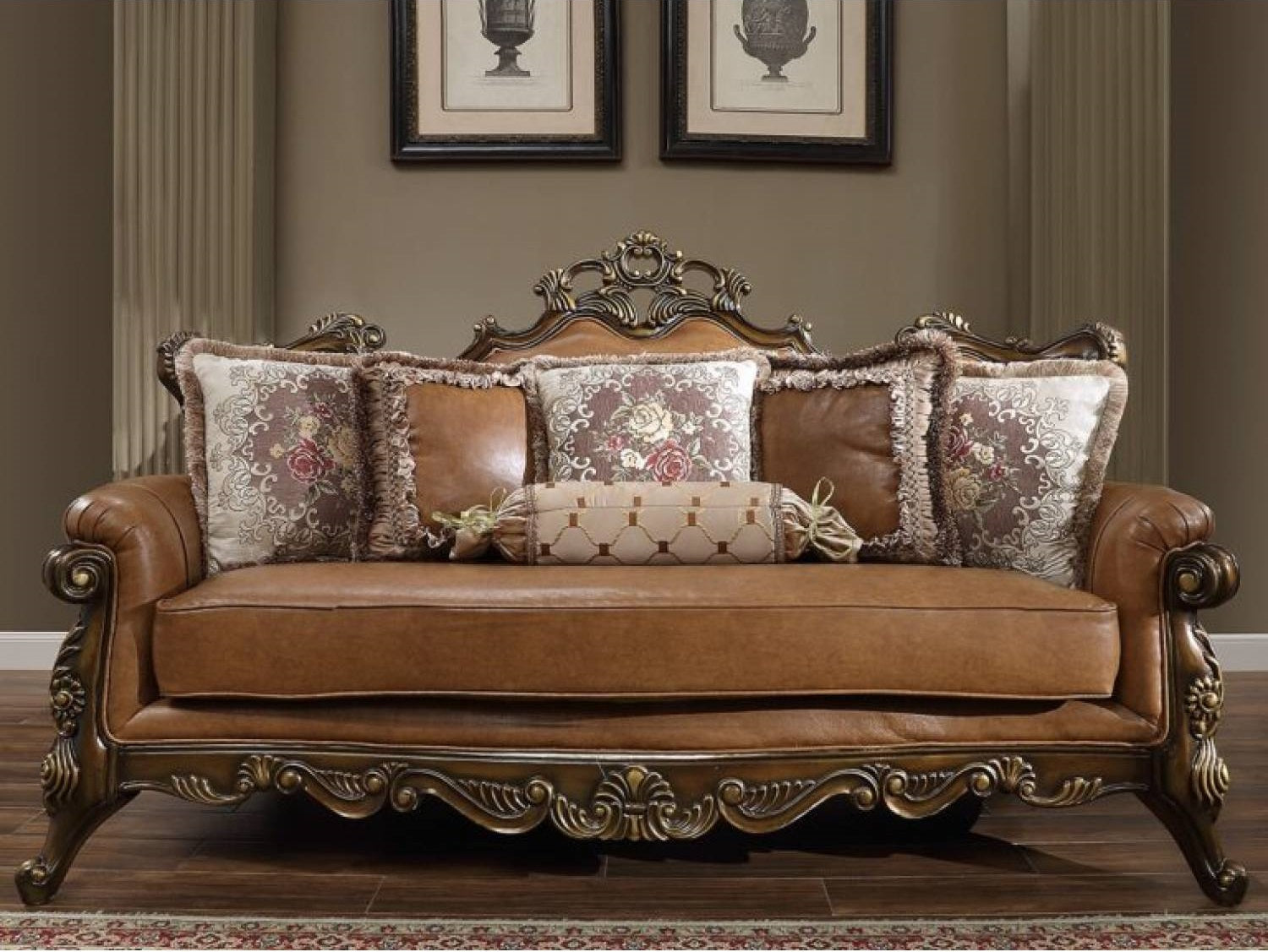 HD-555-2PC 2 pc Rich carmel leather upholstery carved back and arms sofa and love seat