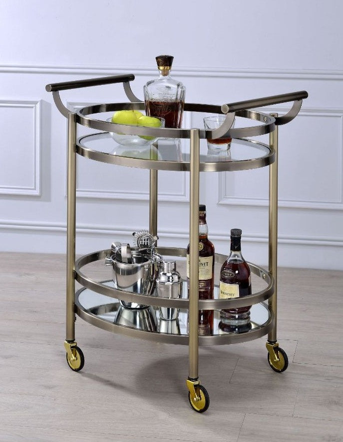 Acme 98190 Everly quinn veselyn lakelyn brushed bronze metal finish frame and rounded glass shelves kitchen island tea / bar cart