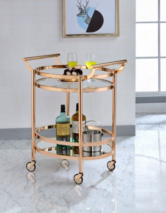 Acme 98192 Lakelyn rose gold metal finish frame oval glass and mirror shelves kitchen island tea / bar cart