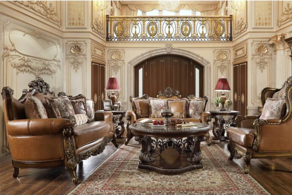 HD-555-2PC 2 pc Rich carmel leather upholstery carved back and arms sofa and love seat
