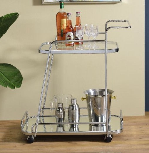 Acme 98217 Everly quinn annley aegis chrome metal finish frame and clear glass top shelf mirrored bottom shelf kitchen island tea / bar cart