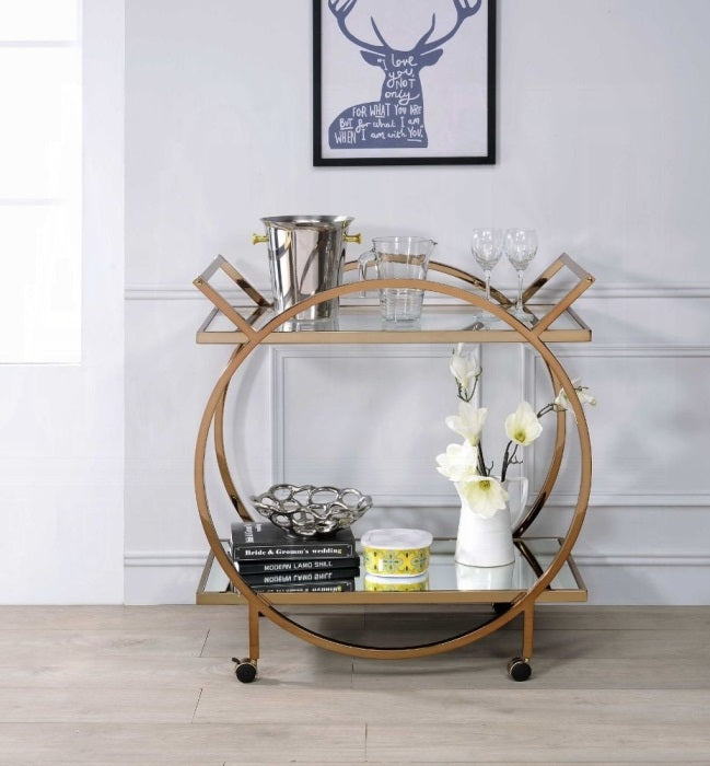 Acme 98295 Traverse champagne metal round finish frame glass and mirror shelves kitchen island tea / bar cart