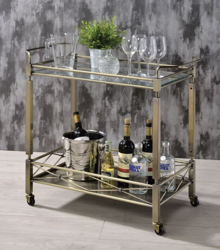 Acme 98350 Rosdorf park ervin matiesen antique brass metallic finish metal frame and clear glass top shelf kitchen island tea / bar cart