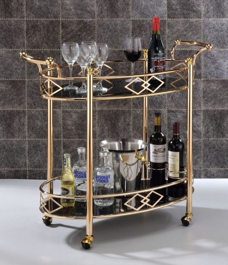 Acme 98351 Everly quinn vizcaino ottesen gold metallic finish metal frame and black glass shelves kitchen island tea / bar cart