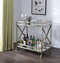 Acme 98352 Kristensen antique gold metallic finish metal frame and clear glass top shelf kitchen island tea / bar cart