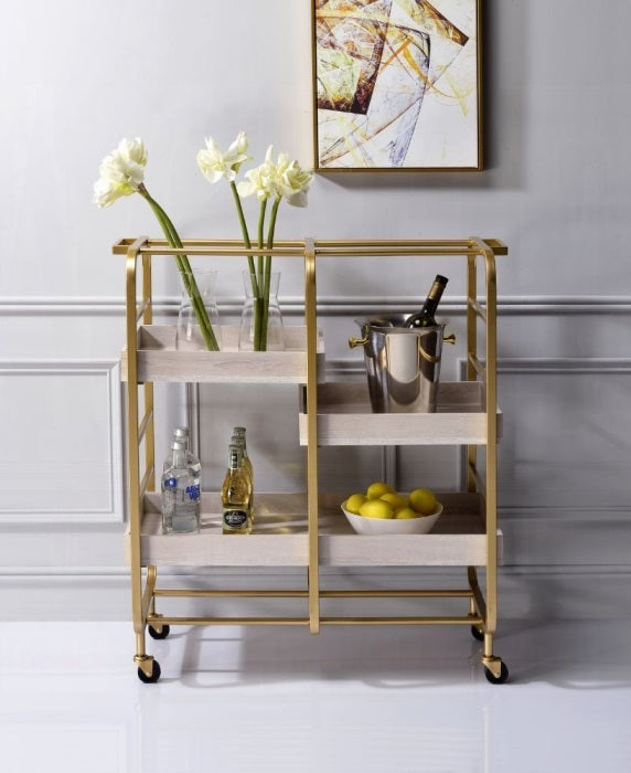 Acme 98412 Vorrik gold metal finish frame 3 removable wooden trays kitchen island tea / bar cart