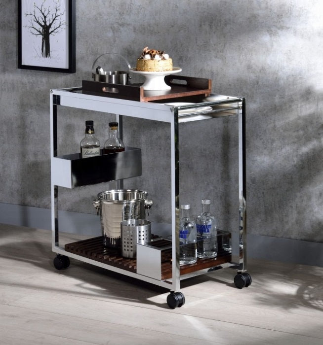 Acme 98420 Lisses chrome metal finish frame glass and mirror shelves kitchen island tea / bar cart
