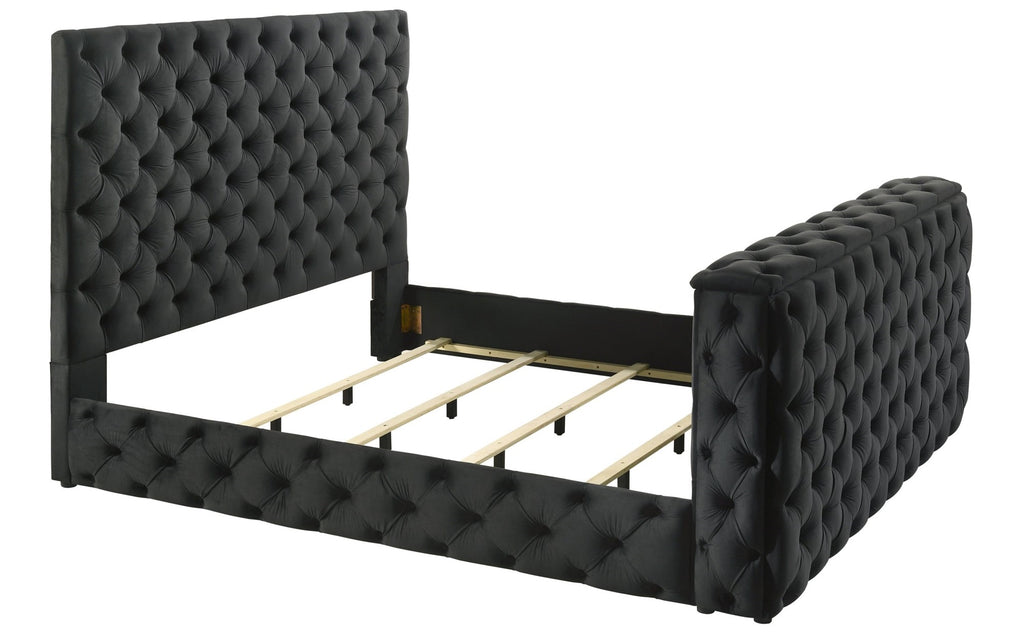 Crown Mark 5213BK josephine black velvet fabric tufted queen bed with TV lift footboard