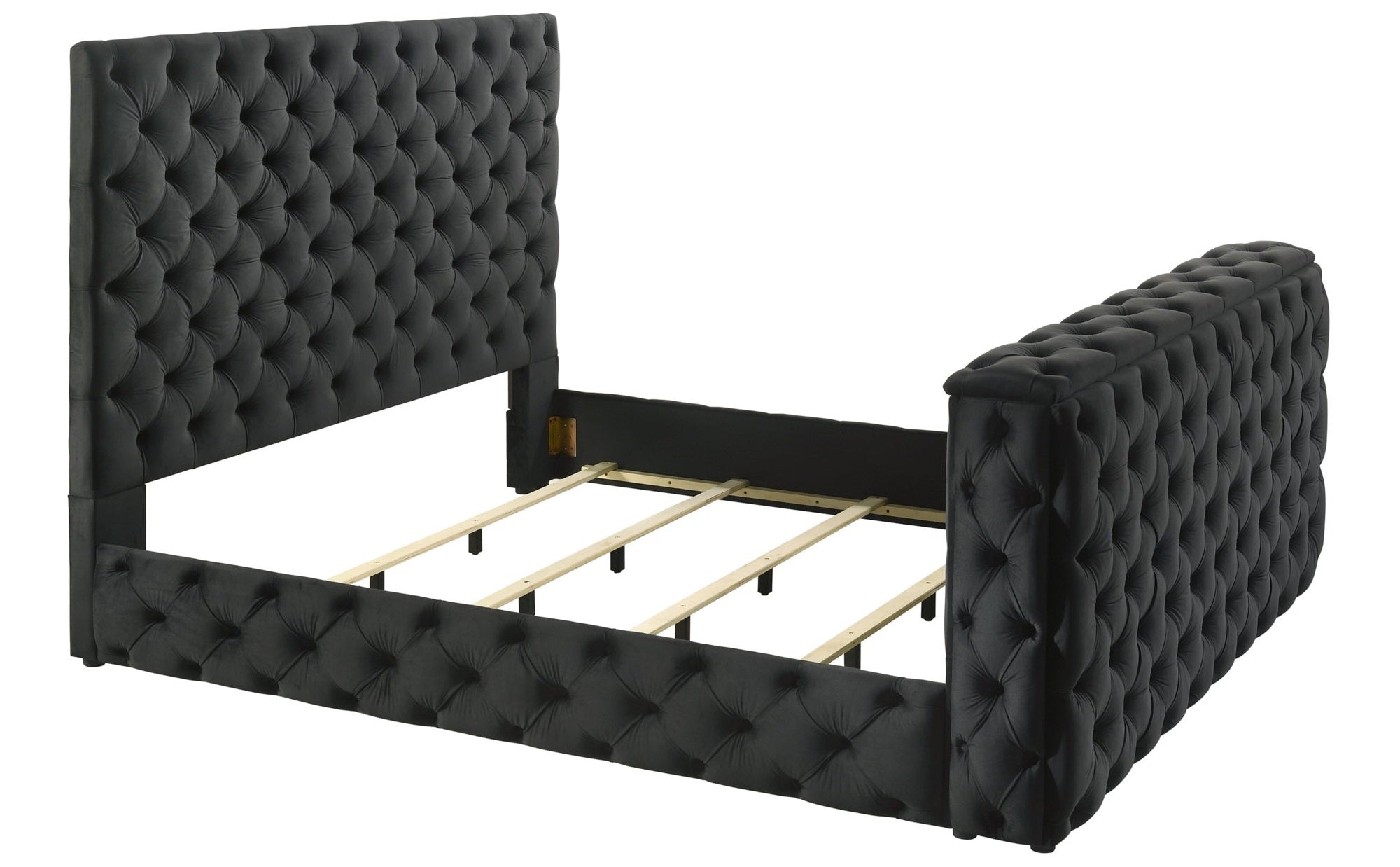 Crown Mark 5213BK josephine black velvet fabric tufted queen bed with TV lift footboard