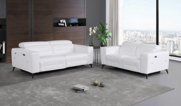 Global United Aramis Modern White Genuine Italian Leather 2-Piece Power Reclining Sofa and Love Seat with Adjustable Headrests – 989WHT-2PC