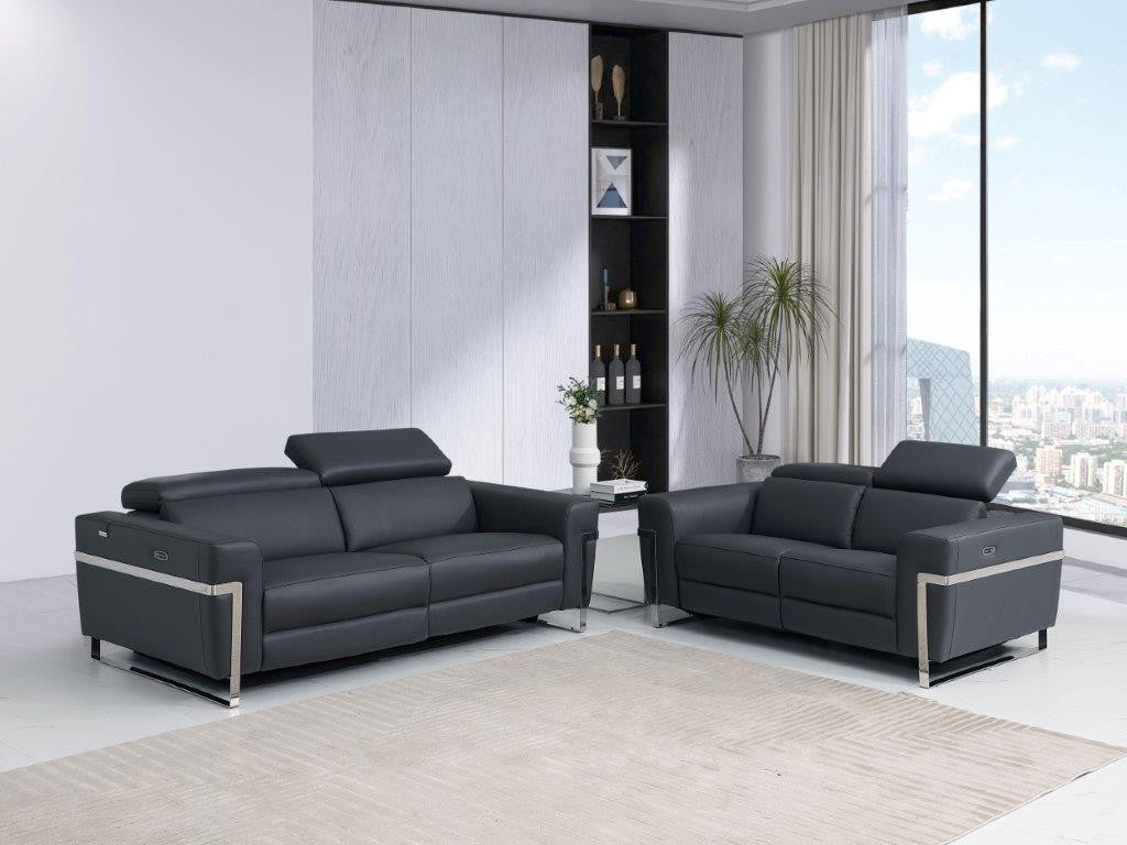 Global United Aramis Modern Dark Gray Genuine Italian Leather 2-Piece Power Reclining Sofa and Love Seat with Adjustable Headrests – 990DK-GRAY-2PC