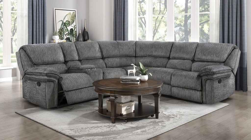 Homelegance  9913-32LCN2R 3 pc Muirfield gray textured microfiber fabric sectional sofa with recliner ends and console