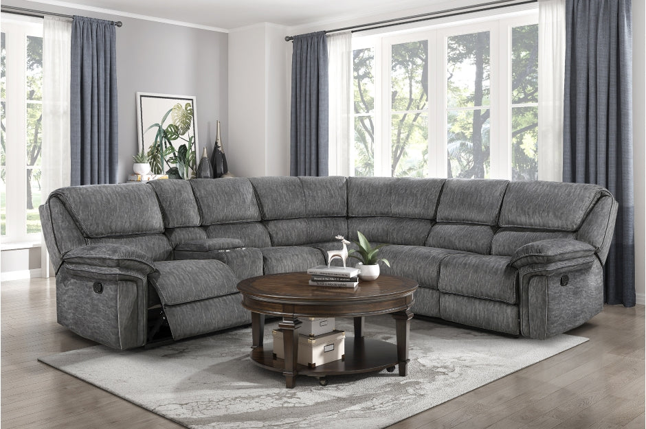 Homelegance  9913-32LCN2R 3 pc Muirfield gray textured microfiber fabric sectional sofa with recliner ends and console